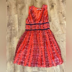 Abercrombie & Fitch floral orange dress, Size XS, blue velvet ribbon on waist